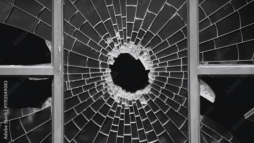 Poster black-and-white photograph of a shattered window, featuring a central void with spiderweb-like crack