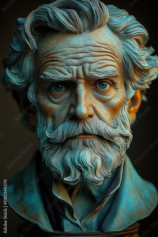 Poster a close-up view of a statue depicting a man with a long beard