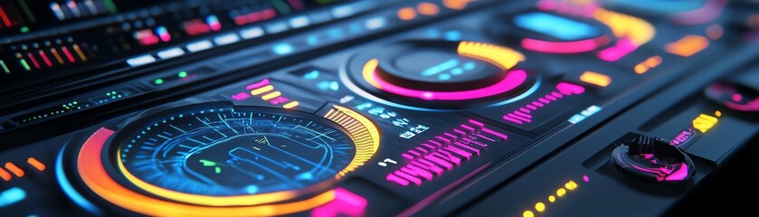 Obraz premium A retro-inspired digital control panel featuring neon holographic switches, glowing radar graphics, and vibrant data animations
