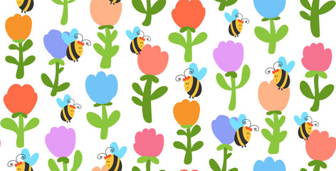 cute bees and tulips flowers meadow seamless pattern in bold modern abstract style, repeat design for kids nursery