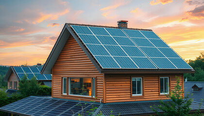 Fototapeta premium Modern wooden house with solar panels on roof at sunset, sustainable living concept