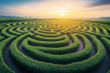 Naklejka premium Lush green hedge maze at sunrise with a serene landscape