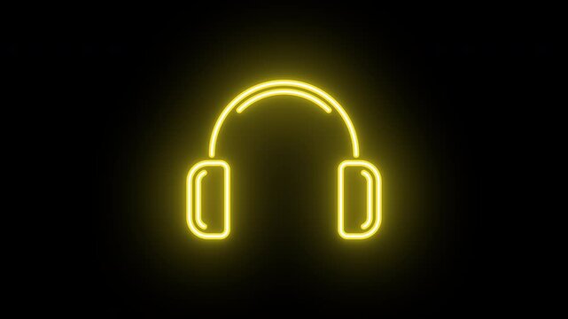 Neon headphones icon animation, slow blink. Glowing neon headphones sign, looped slow flashing animation. Dj earphones, game headset, listen music and podcast, playlist. Yellow, orange, green colors