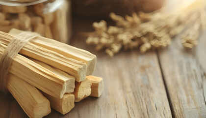 Palo santo sticks on wooden table, closeup