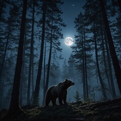 A bear silhouetted by the moon in a mysterious, foggy forest.

