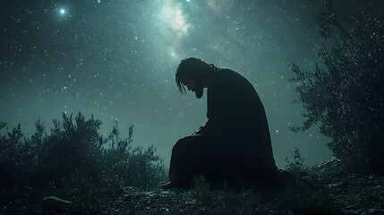 Jesus kneeling in the Garden of Gethsemane under a starry night sky, his face illuminated by the moonlight. He prays earnestly, with the silhouette of olive trees surrounding him.