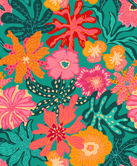 abstract modern flower blooms and foliage, tiger lilies and tropical exotic leaves seamless pattern design in pink coral orange honey yellow and turquoise colors on turquoise background