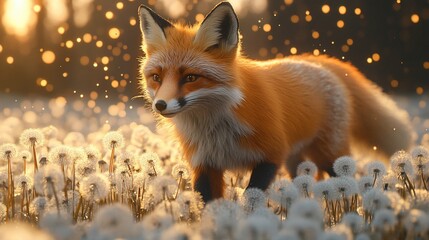 Red fox in dandelion field at sunset (2)