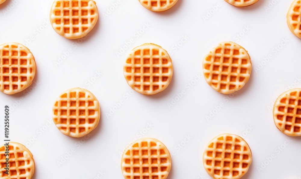 Poster waffles arranged in a neat pattern on a white background, showcasing their golden-brown color and di