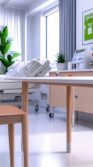 Modern hospital room with furniture and decor.