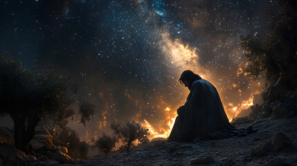 Jesus kneeling in the Garden of Gethsemane under a starry night sky, his face illuminated by the moonlight. He prays earnestly, with the silhouette of olive trees surrounding him.