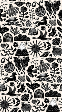 scandinavian nature illustration seamless pattern with  birds rabbit moon sun sheep bloom wildflowers mount goose foliage, black and white  tan vector repeat design