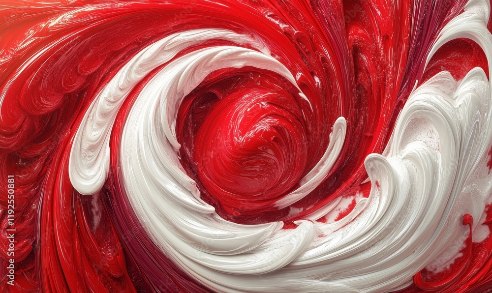 Poster swirling red and white abstract design with fluid patterns and textures