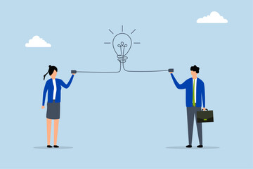 Communicate idea, Clever entrepreneur communicates with coworker via telephone featuring a lightbulb icon. 