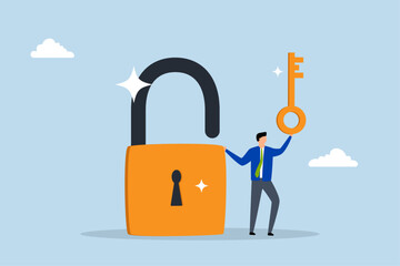 Golden key to unlock, clever entrepreneur grasping a golden key to open padlock. 