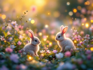 Two adorable baby rabbits in a magical flower garden at sunset