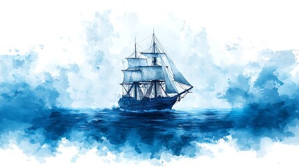 A majestic sailing ship navigating a tranquil blue ocean, depicted in a painterly watercolor style.