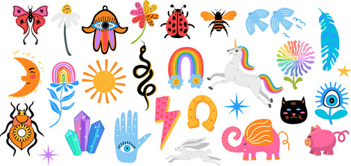 cute colorful good luck charms items set, rainbow, horseshoe, hamsa, hare, evil eye, elephant, clover, pig, crystals  etc
