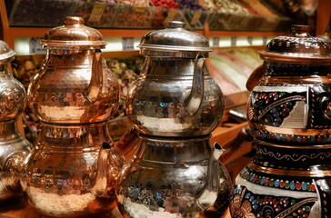 Teapots Ornate Close Up Colorful Indoor Turkish Market Display