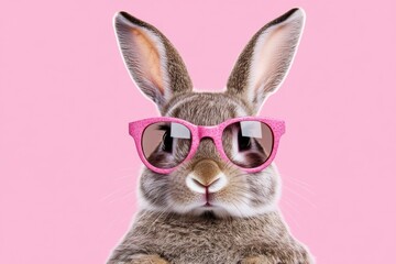 Fototapeta premium Rabbit wearing pink sunglasses against a pastel pink background exudes a playful and stylish vibe during a fun photoshoot