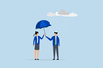 considerate entrepreneur provides an umbrella to shield a woman. 