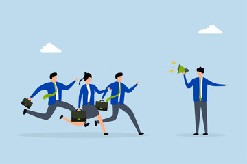 Fototapeta premium Business guide to move to the right success direction, Entrepreneur with loudspeaker instructs colleagues to proceed correctly. 