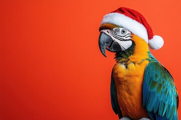 Fototapeta premium Festive Blue-and-gold Macaw in Santa Hat against vibrant orange background. Perfect for Christmas cards, calendars, or pet-themed projects.