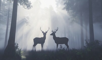 Silhouetted deer in misty forest with ethereal light beams illuminating tranquil scene