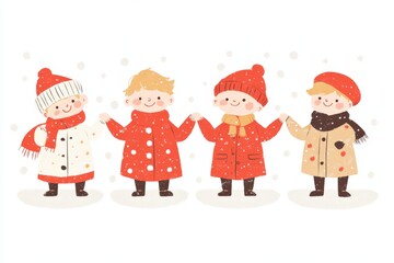 Fototapeta premium Playful illustration of children wearing colorful winter clothes, holding hands, and playing in a snowy landscape, embodying joy, friendship, and seasonal fun in a festive style