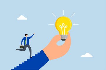 Inspiration idea to inspire, entrepreneur ascends staircase of large hand grasping motivating shining lightbulb. 