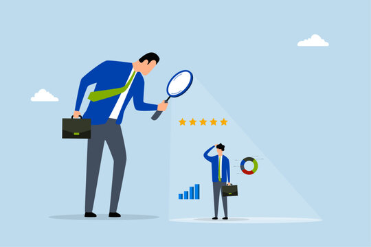 Employee performance evaluation, business executive director employs magnifier to assess staff with 5 star rating. 