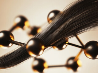 Black hair intertwined with molecular structures illustrating beauty and science in harmony