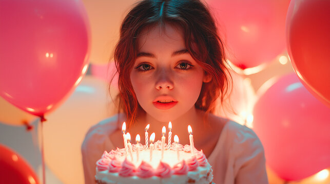 Happy teenage girl makes a wish and blows out candles on her birthday cake