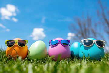 Fototapeta premium Colorful decorated eggs wearing sunglasses in bright green grass under a sunny sky