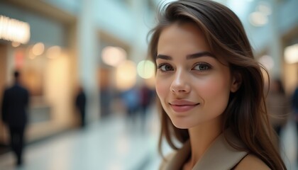 Fototapeta premium A young woman is looking at the camera and smiling at a mall