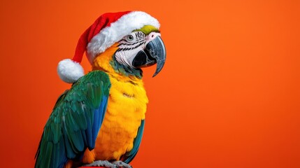 Naklejka premium A vibrant Blue-and-yellow Macaw parrot wearing a Santa hat against a bright orange background. Perfect for Christmas cards, calendars, or festive decorations.