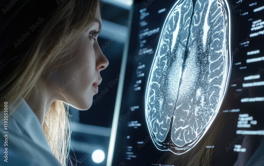 Poster a woman in a lab coat closely examines a brain scan displayed on a screen, highlighting the intersec