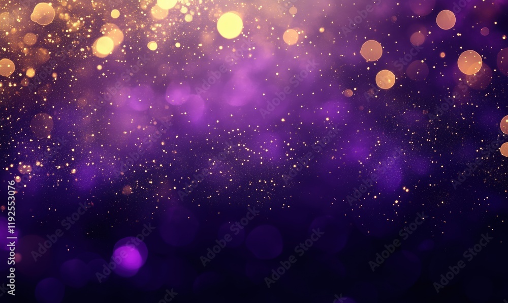 Poster purple and gold bokeh background with glittering particles and soft focus effects