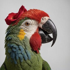 Fototapeta premium A detailed portrait of a parrot’s face and beak, gently gripping a rose petal with perfect focus on a white background.