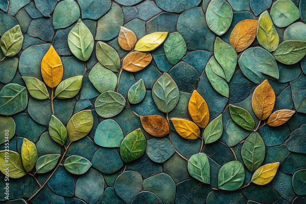 Poster a detailed view of a mosaic made from individual leaves, great for use in nature-inspired designs or