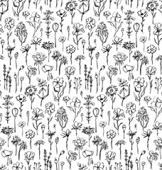 hand drawn black and white cottage core chic rustic wildflowers seamless pattern - country style ink wild florals botanicals weeds knapweed, daisy, cosmos, lavender, cornflowers, buttercups
