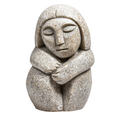 Stone Sculpture of Woman Embracing Herself in Serene Expression