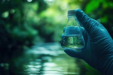 Gloved hand holding liquid sample in flask over natural green background