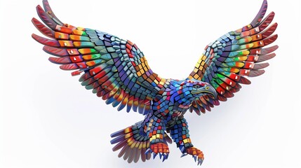 A stunning stone sculpture of an eagle, isolated on a pure white background, crafted from colorful stones.