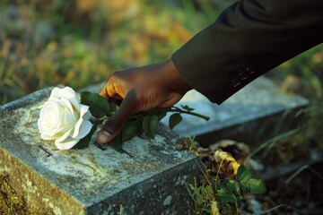 A person places a white rose on a grave, symbolizing respect and mourning