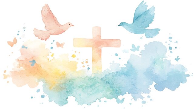Watercolor painting of a cross with two doves and butterflies, symbolizing peace, faith, and hope.