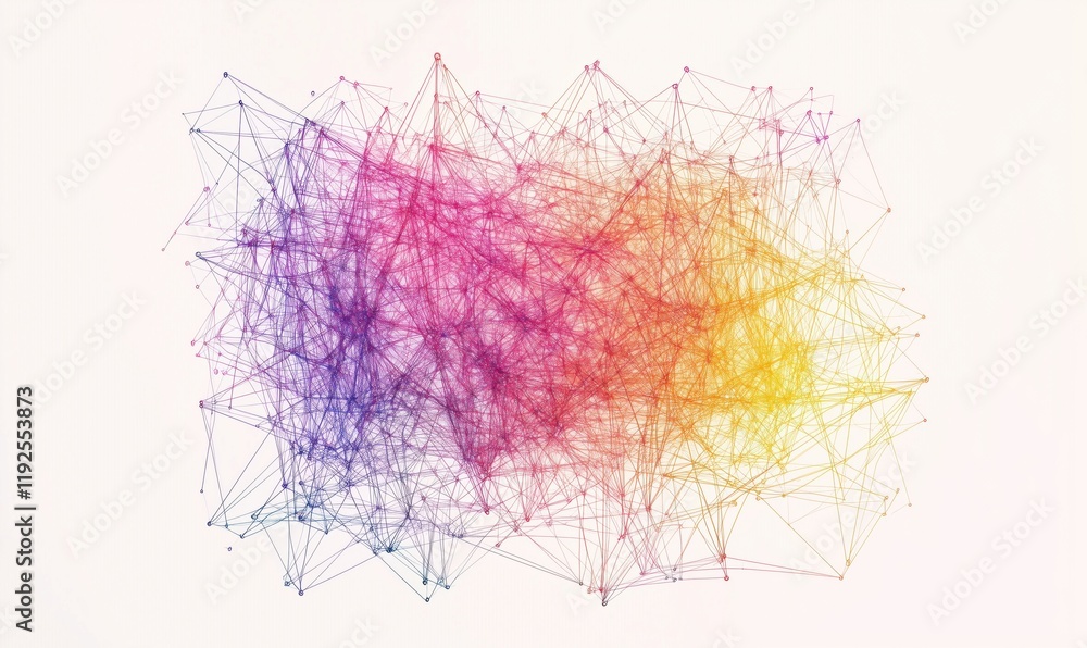 Aufkleber colorful abstract network visualization with interconnected nodes and lines in vibrant hues of purpl