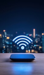 Modern Technology Concept with Wireless Signal Icon Overlooking Cityscape at Night