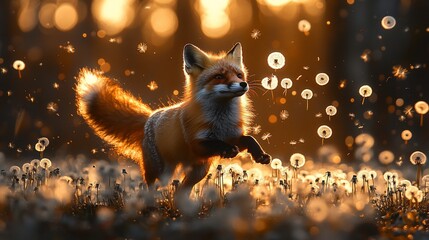 Red fox leaping, sunset dandelion field