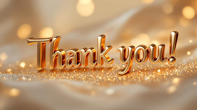 "Thank you!" in shiny gold, 3D lettering on a textured gold background with bokeh lights. Expresses gratitude and appreciation. Suitable for thank you cards, messages, or social media posts.